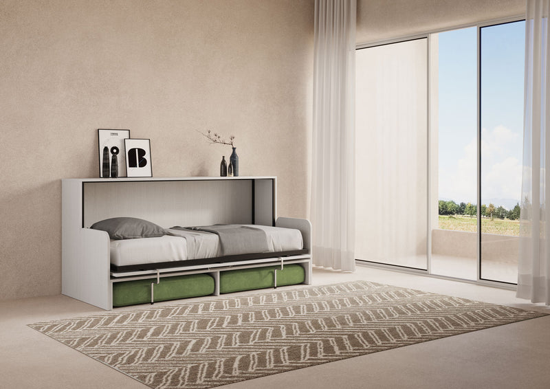Letto Singolo A Scomparsa Kando Con Divano Con Materasso Bianco Frassino e Verde      