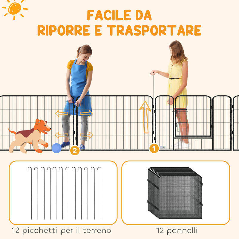 Recinto per Cani a 12 Pannelli Modulabili da 80x1,5x80 cm con Picchetti in Acciaio Grigio   