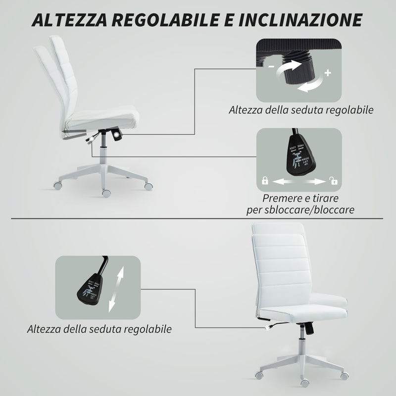Sedia da Ufficio Ergonomica e Regolabile 58x53x97-107 cm con Schienale Ricurvo in Pelle PU e Acciaio Bianco      