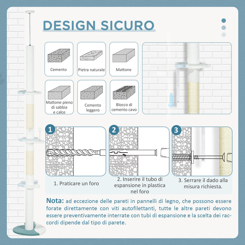 Albero Tiragraffi per Gatti a Soffitto con Palo Regolabile da 225-255 cm in Peluche Bianco  