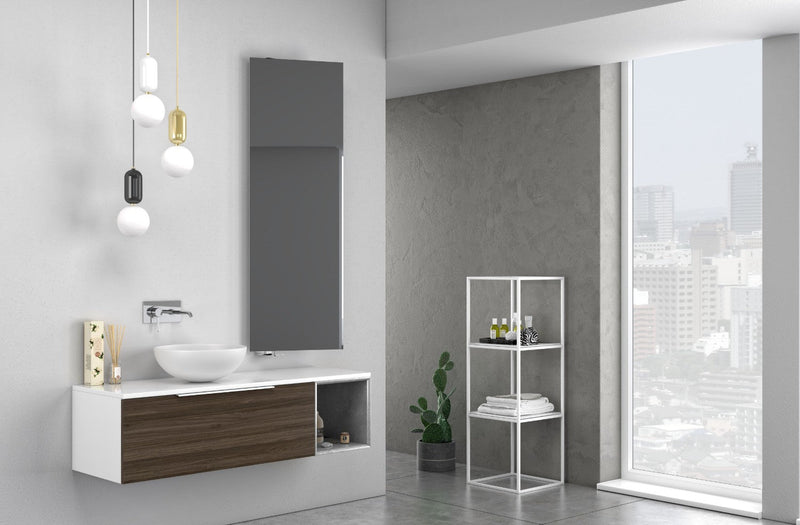 Mobile Bagno Sospeso 135 cm Lavabo e Specchio TFT Mactan Destra Bianco Noce e Grigio