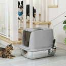 Lettiera per Gatti Chiusa 52,4x41,3x39,8 cm con Coperchio Ribaltabile Doppia Porta Paletta in Acciaio Inox Grigio Chiaro      