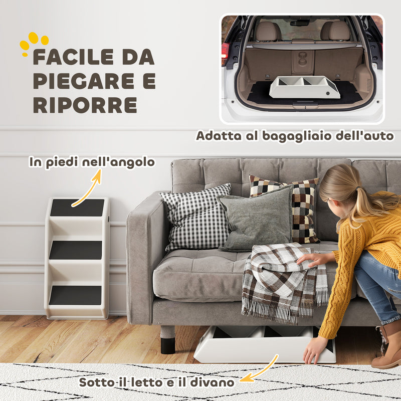 Scaletta Pieghevole per Cani e Gatti 3 Gradini Antiscivolo  53x30,5x36,5 cm in PP Crema      