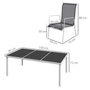 Set Tavolo con Top in Vetro 6 Sedie Impilabili da Giardino in Acciaio e Textilene Nero
