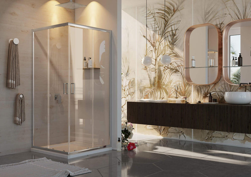 Box Doccia Angolare 2 Ante Scorrevoli in Cristallo Trasparente 6mm H185 Fosterberg Dragor Varie Misure