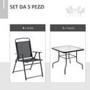 Set Tavolo e 4 Sedie da Giardino Pieghevoli in Metallo e Vetro Temperato Nero