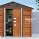 Casetta da Giardino Porta Attrezzi con Doppia Porta Scorrevole 236x196x208 cm con Pannelli in Acciaio Effetto Legno Marrone 