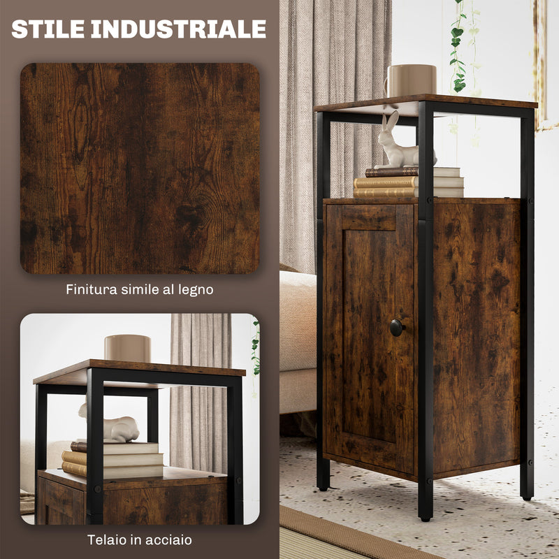 Comodino Stile Industriale 2 Ripiani e Scaffale Interno Regolabile 34x30x80 cm in Legno e Acciaio Marrone