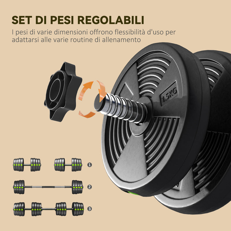 Set 2 in 1 con 2 Manubri Convertibili in Bilanciere Peso Totale 30 kg e Dischi Pesi Regolabili Nero      