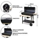 Barbecue a Carbone Carbonella 108x70x100 cm con Coperchio Ruote e Ripiani in Legno Nero      
