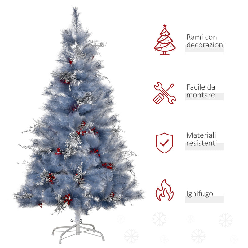 Albero di Natale Artificiale 150 cm 222 Rami con Foglie Argentate e Bacche Rosse
