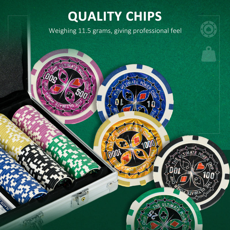 Set Poker per 7-8 Giocatori con 300 Fiches 2 Mazzi di Carte e 5 Dadi con Valigetta in Alluminio e Poliestere Argento