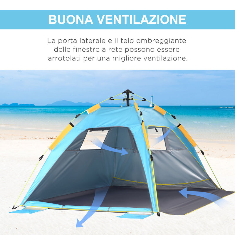 Tenda da Spiaggia Pop Up 220x173x120 cm con Porta a Cerniera in Poliestere e Fibra di Vetro Blu Chiaro e Giallo  