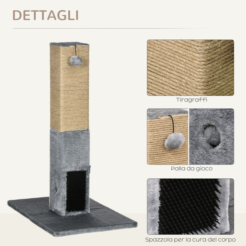 Albero Tiragraffi per Gatti 59,5x39x79 cm 2 Palline Giocattolo e Spazzola in Legno Iuta e Peluche Grigio  