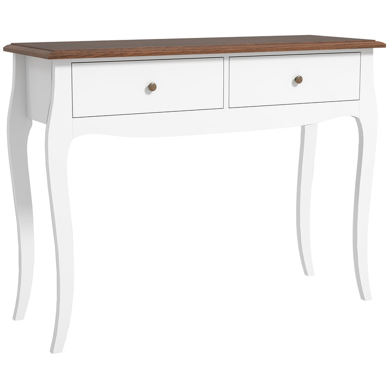 Tavolo Consolle Moderno 100x35x76,5 cm con 2 Cassetti in Legno Bianco e Marrone Scuro   