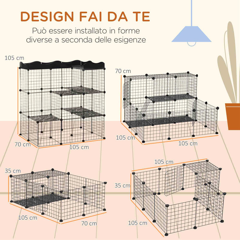 Recinto per Gatti e Roditori di Taglia Media 105x70x116 cm Modulabile e Multilivello in Acciaio e PP Nero  