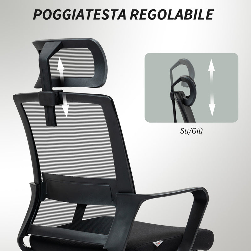 Sedia da Ufficio Ergonomica 60x64Px102-112H cm con Poggiatesta e Altezza Regolabili Nero   
