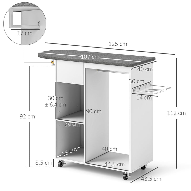 Mobile Asse da Stiro 125x43,5x112 cm con Ruote Barra per Abiti e Ripiani Bianco  