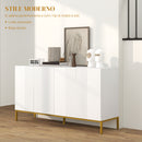 Credenza Moderna 4 Ante con Chiusura Ammortizzata e Mensole Regolabili 140x40x75 cm in Truciolato e Metallo Bianco e Oro