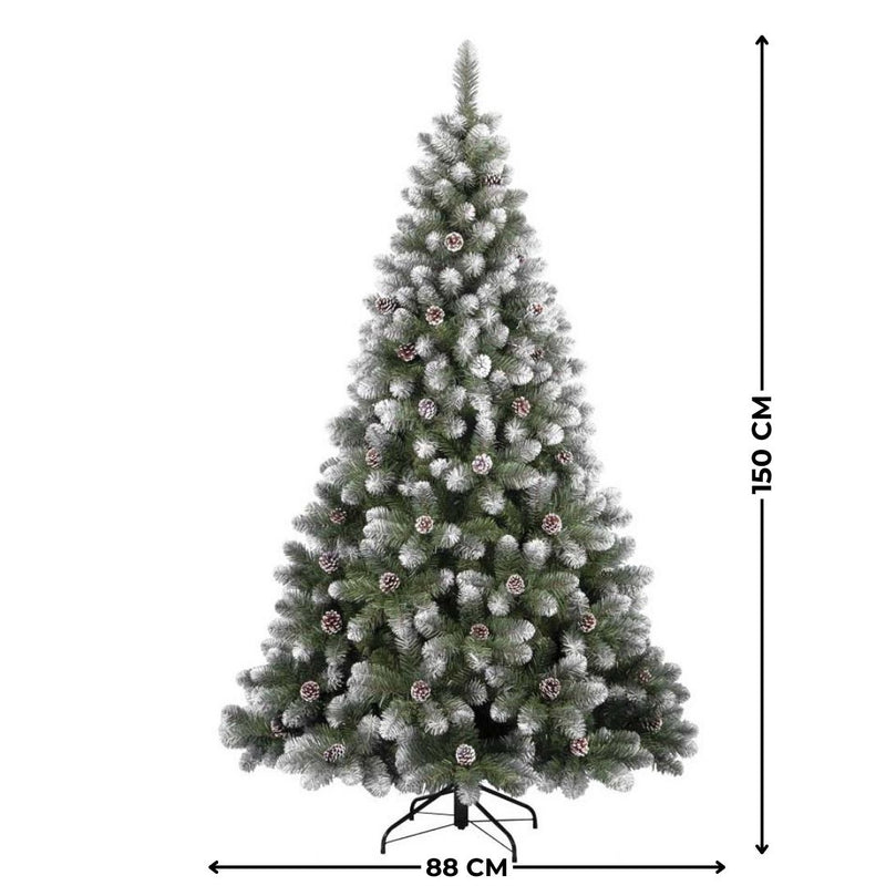 Albero di Natale Artificiale alto 150cm con 361 rami addobbato con punte innevate e pigne-2