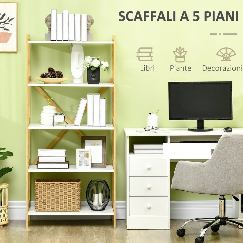 Scaffalatura a 5 Piani 70x37,5x150 cm in Bamboo e MDF Bianco