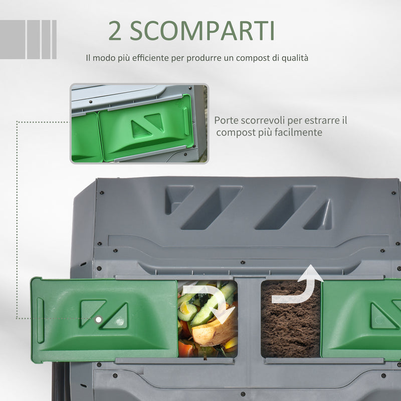 Compostiera da Giardino 71x65x96 cm Girevole a 2 Sezioni con 8 Prese d'Aria in Acciaio e PP Grigio  