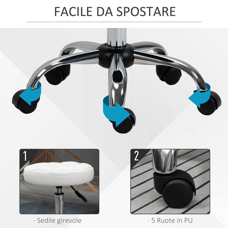 Sgabello Girevole Rotondo con Ruote Ø35,5x51-67 cm Altezza Regolabile in Similpelle Bianco