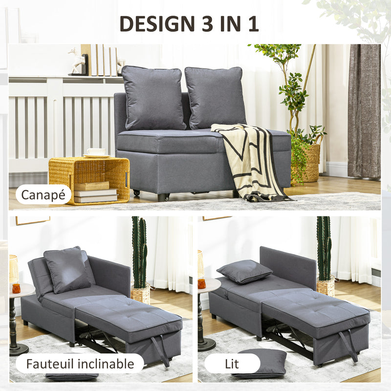 Poltrona Letto Singolo Schienale Reclinabile 98x69x65 cm Tessuto Effetto Lino Grigio Scuro 