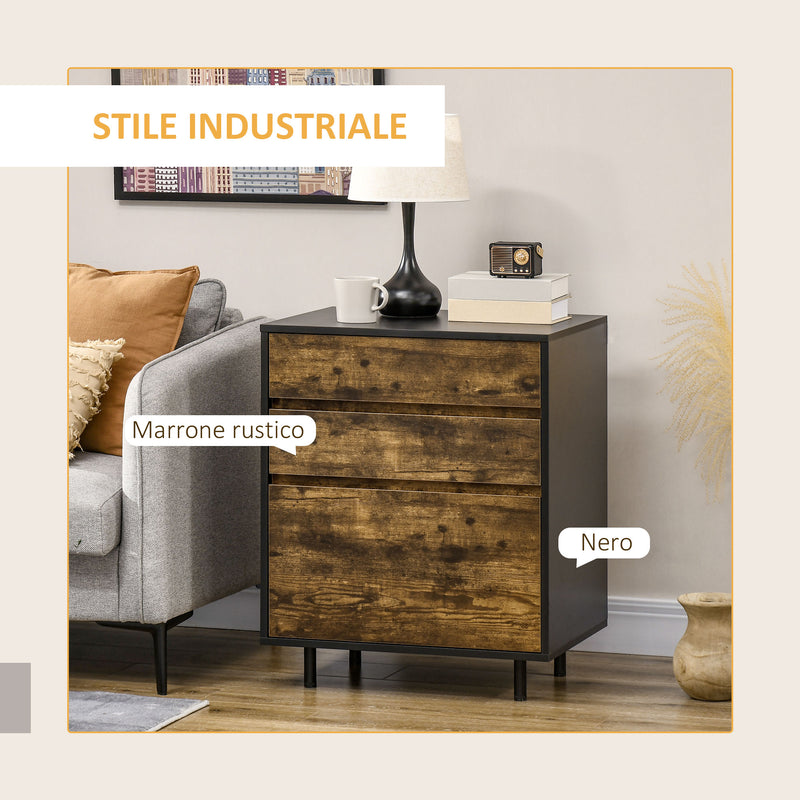 Cassettiera 3 Cassetti 60x45x75 cm in Truciolato Marrone e nero