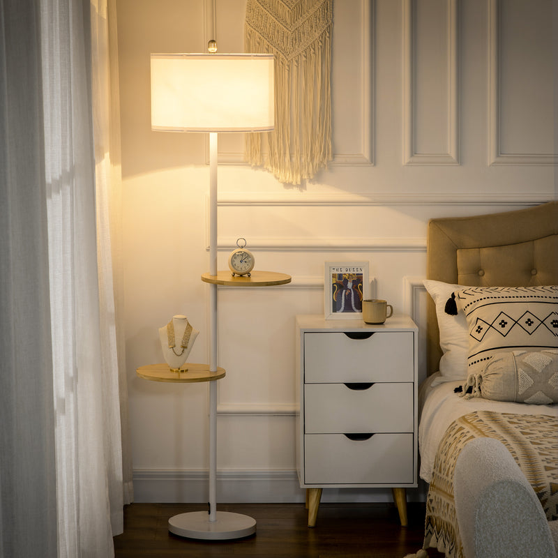 Lampada da Terra a Piantana Ø40x163 cm con 2 Mensole e Paralume in Tessuto Bianco