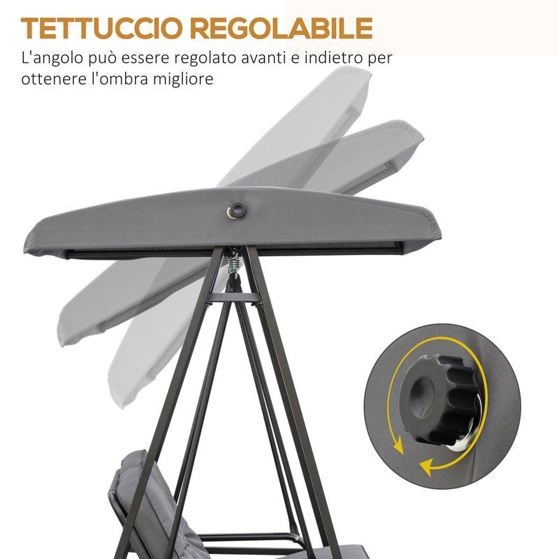 Dondolo da Giardino 2 Posti 144x117x173 cm con Tettuccio Regolabile e Cuscini in Acciaio e Poliestere Grigio 