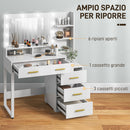Tavolo da Trucco in Legno 100x40x138 cm con 4 Cassetti 6 Ripiani Aperti e Specchio Bianco