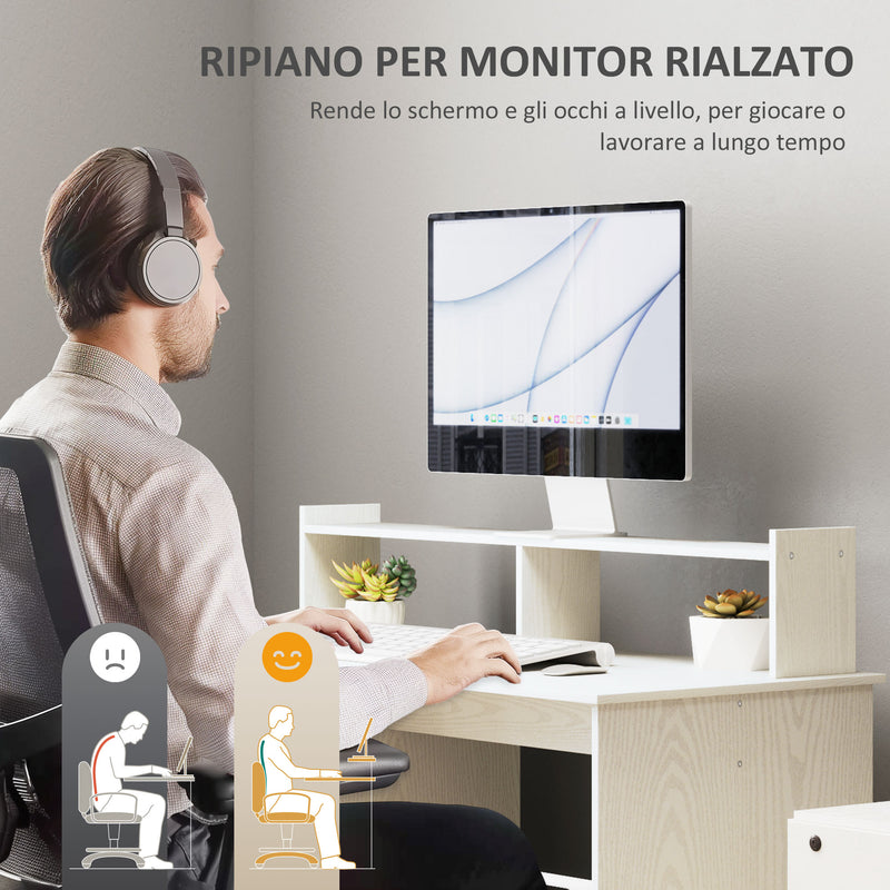 Scrivania Moderna con Supporto per Monitor Armadietto e Ripiani 108x50x94 cm Bianco Crema  