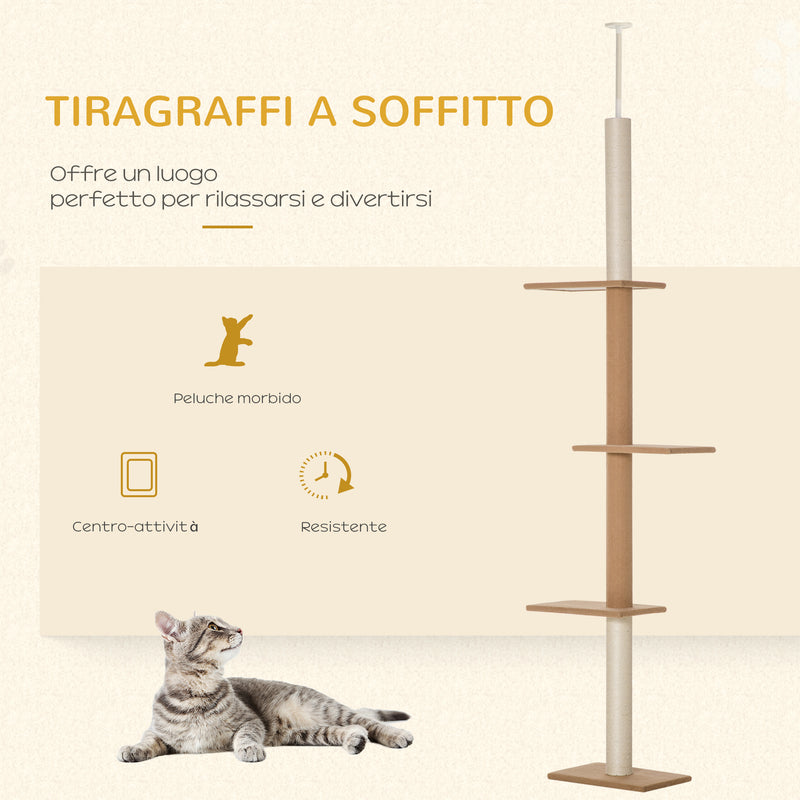 Albero Tiragraffi per Gatti a Soffitto 4 Livelli 43x27x228-260cm Altezza Regolabile Marrone