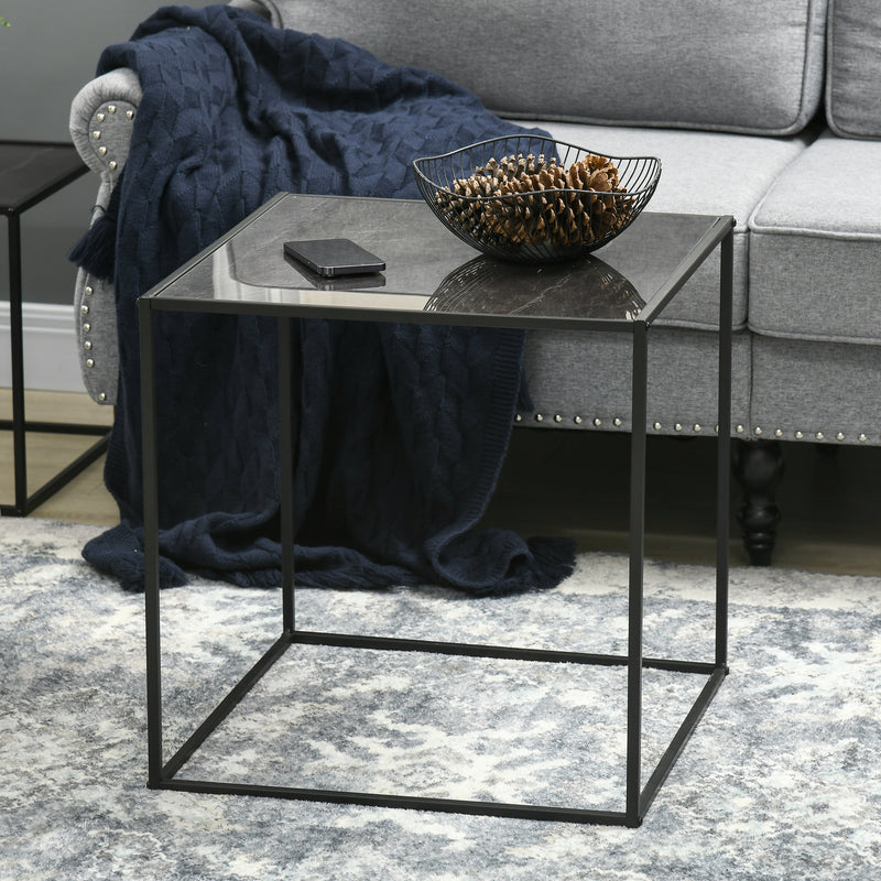 Set 3 Tavolini Quadrati Impilabili in Acciaio e Vetro Temperato Nero e Effetto Marmo