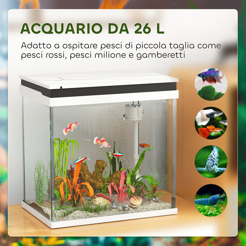 Acquario per Pesci Rossi 26L con Luci LED 38x26x38 cm Sistema di Filtraggio e Pompa d'Acqua Bianco   