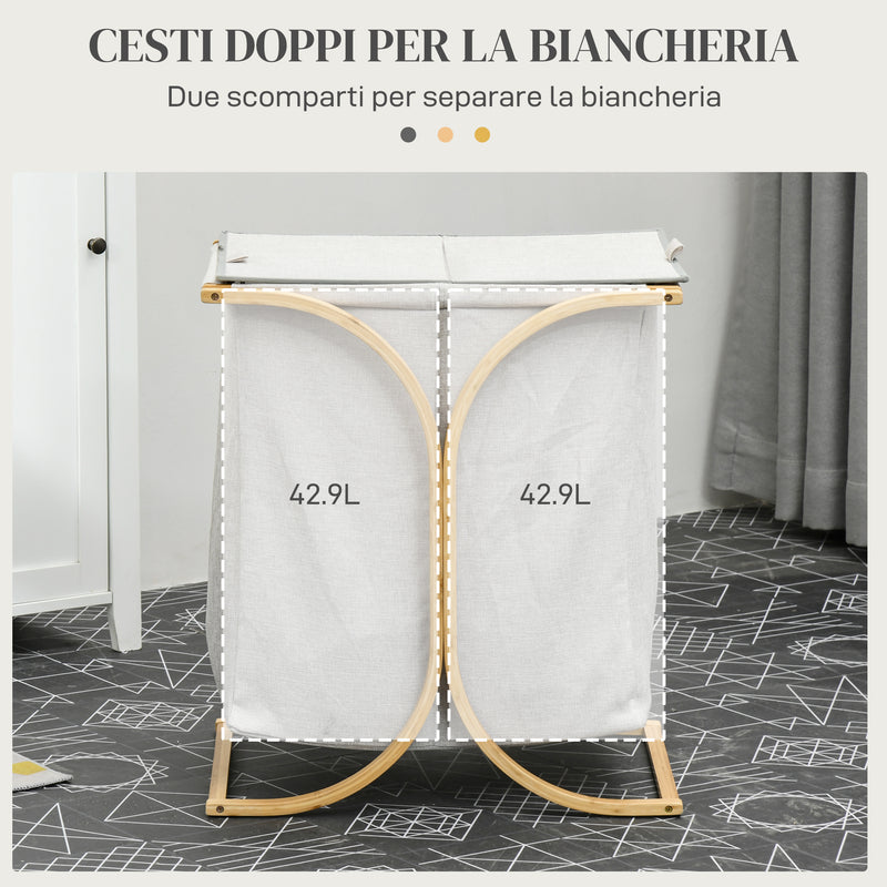 Cesto Portabiancheria 2 Sezioni con Coperchio 55x40x62 cm in Bambù e Poliestere Grigio 