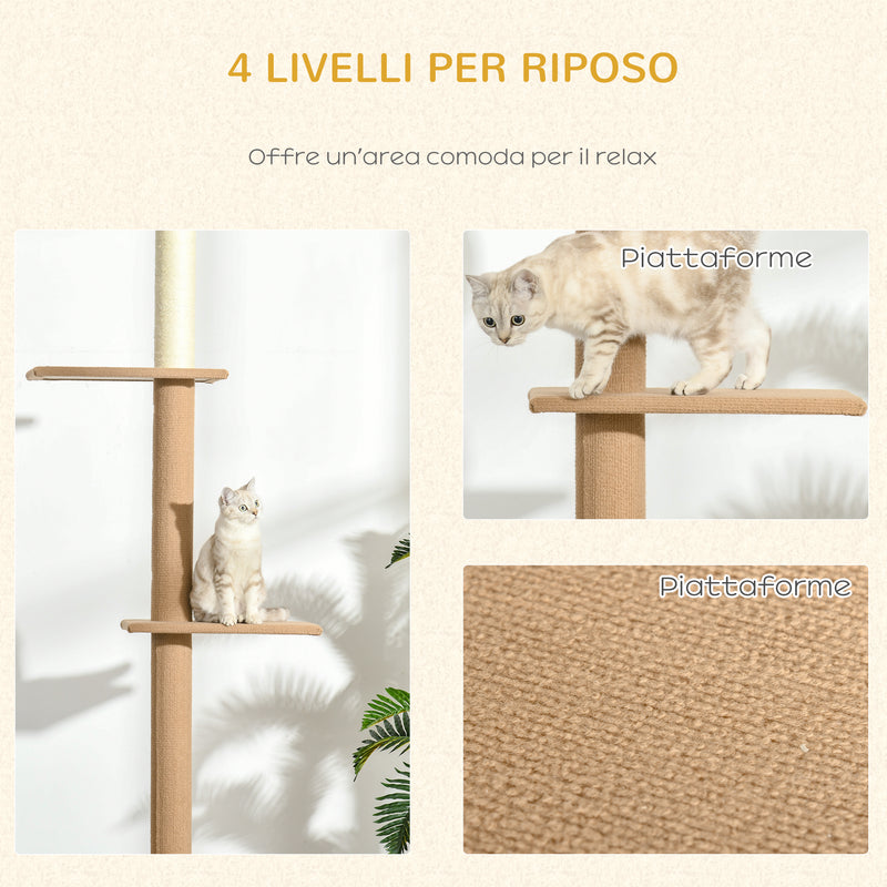 Albero Tiragraffi per Gatti a Soffitto 4 Livelli 43x27x228-260cm Altezza Regolabile Marrone