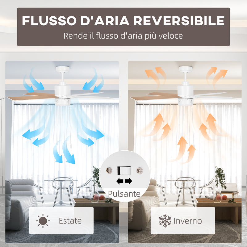 Ventilatore da Soffitto con Luce LED Ø130 cm 3 Velocità e Motore Reversibile Bianco e Legno