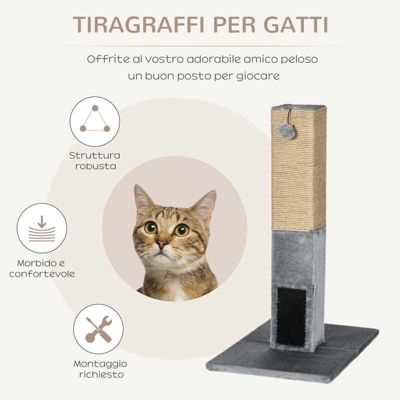 Albero Tiragraffi per Gatti 59,5x39x79 cm 2 Palline Giocattolo e Spazzola in Legno Iuta e Peluche Grigio  
