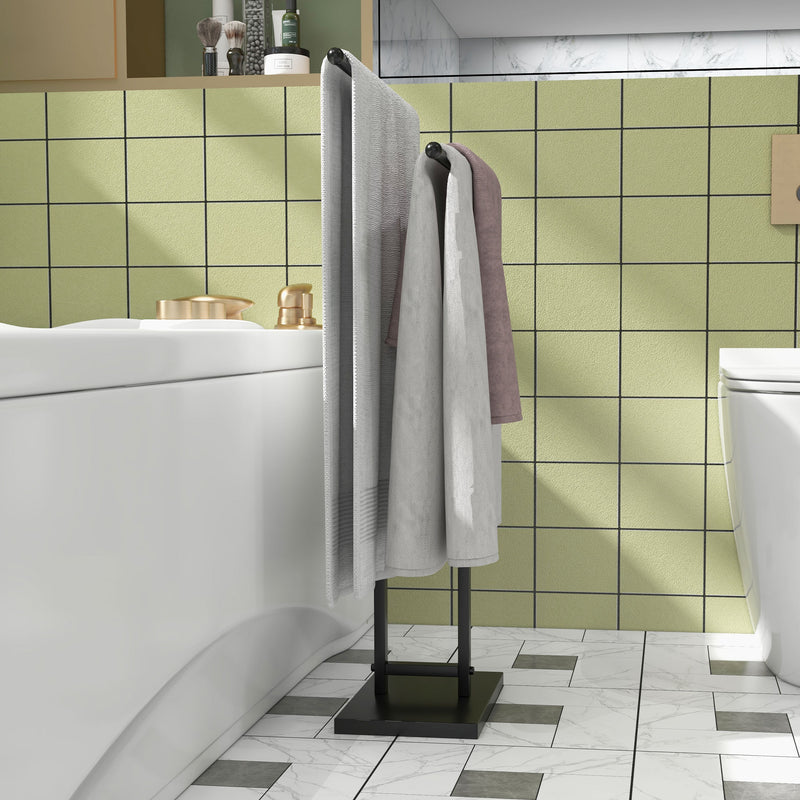 Piantana Portasciugamani da Bagno da Terra Autoportante 2 Bracci in Metallo 50x18,5x85 cm Nero