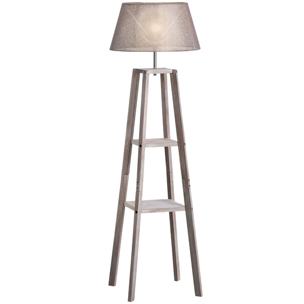 sconto Lampada da Terra in Legno con 3 Ripiani e Paralume in Tessuto 45x45x148 cm  Grigio