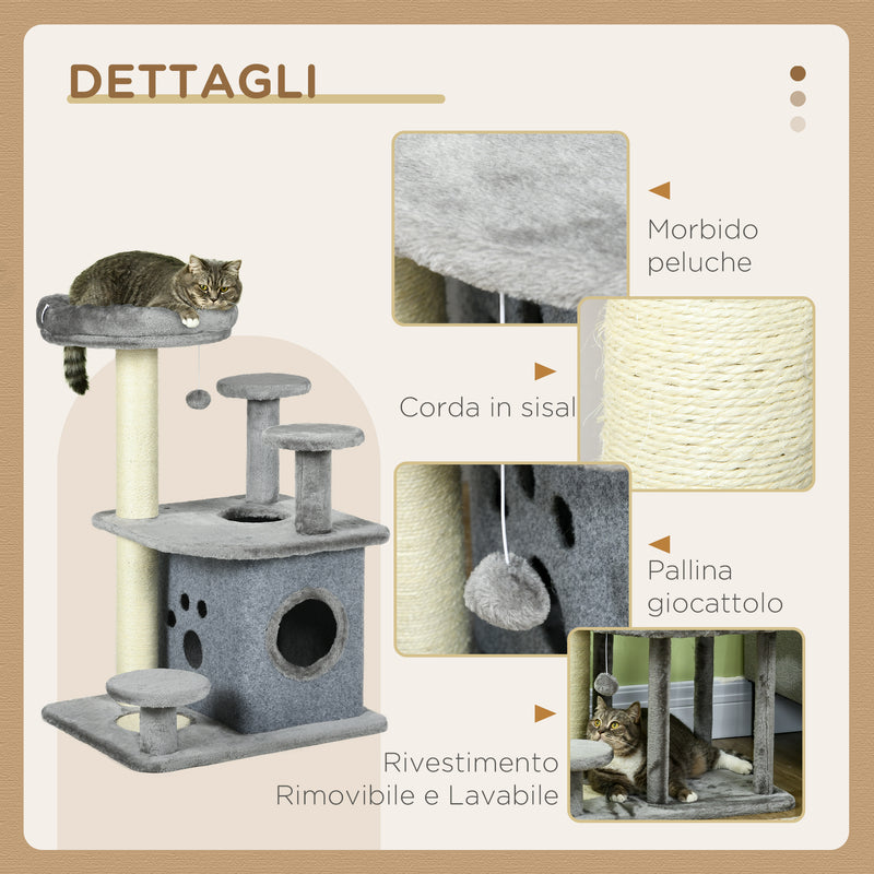Tiragraffi per Gatti Albero con Lettino e Casetta 60x48x92 cm in Sisal e Peluche Grigio  