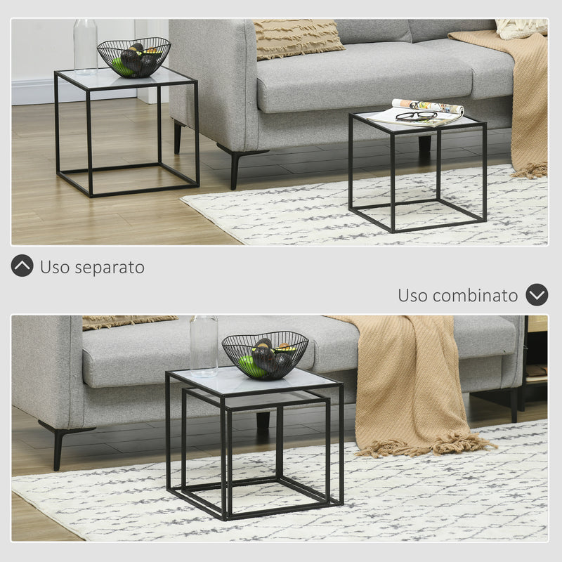Set 2 Tavolini Quadrati Impilabili in Acciaio e Vetro Temperato Nero e Effetto Marmo