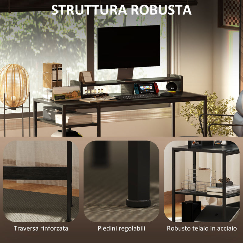 Scrivania Moderna con Supporto per Monitor e Ripiani a Giorno Regolabili 120x48x85,5 cm in Legno e Acciaio Nero 