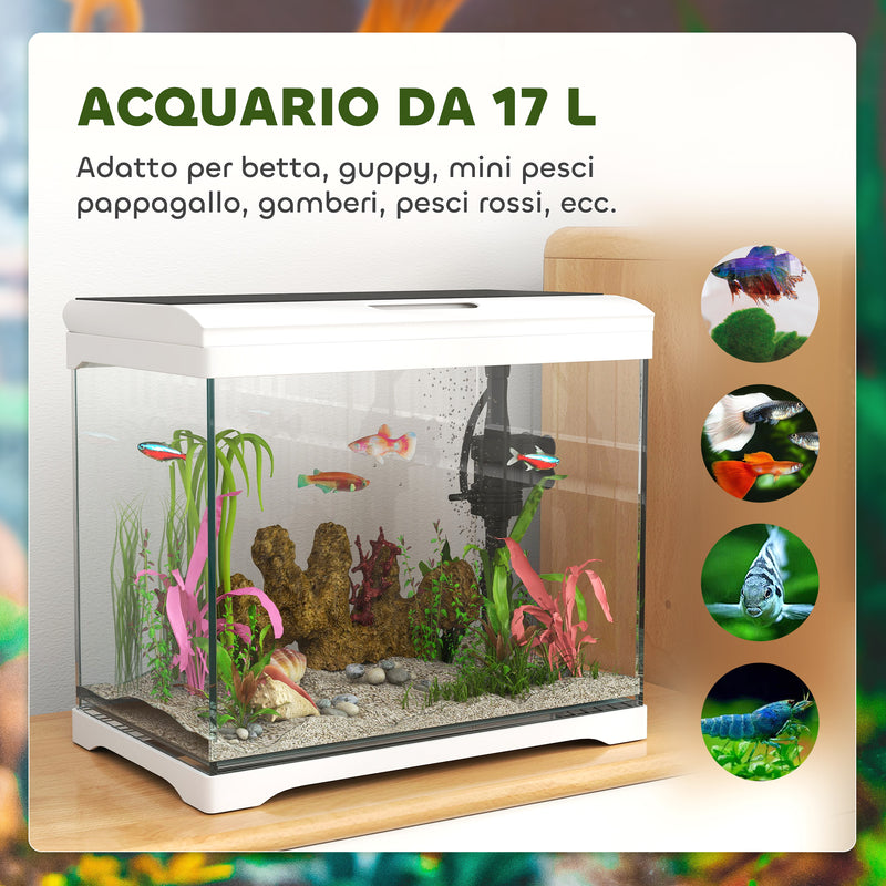 Acquario per Pesci Rossi 17L con Luci LED 35x21x31 cm Pompa d'Acqua e Sistema di Filtraggio Bianco   