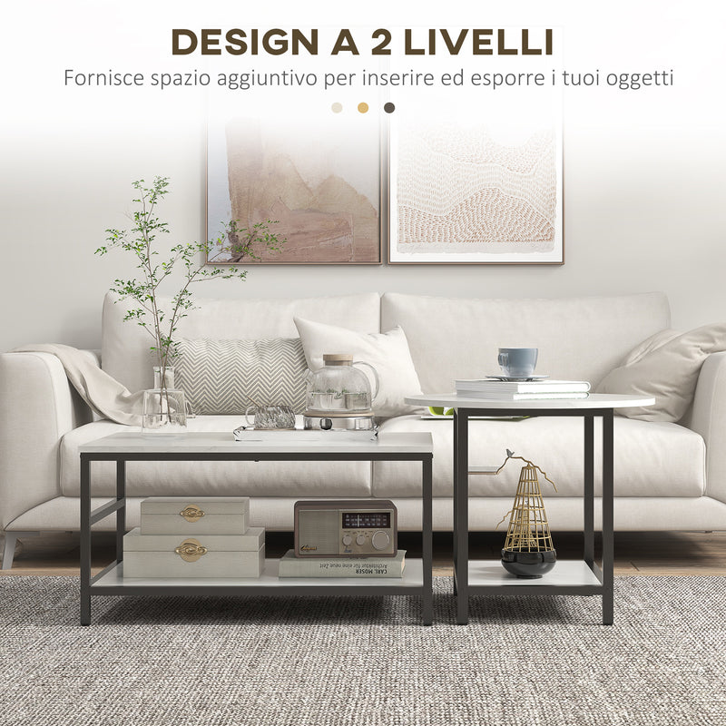Set 2 Tavolini da Caffè a 2 Livelli con Piano d'Appoggio Effetto Marmo in Truciolato e Acciaio Bianco e Nero
