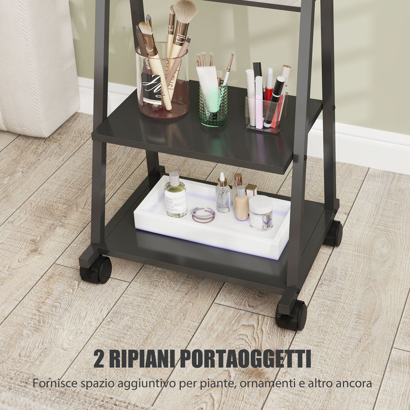 Specchio da Terra Autoportante con Ruote 42x37x155 cm in Acciaio e Legno Nero   