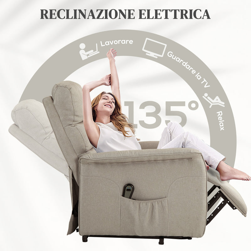 Poltrona Alzapersona Elettrica 1 Motore Reclinabile con Poggiapiedi in Tessuto effetto Lino Beige