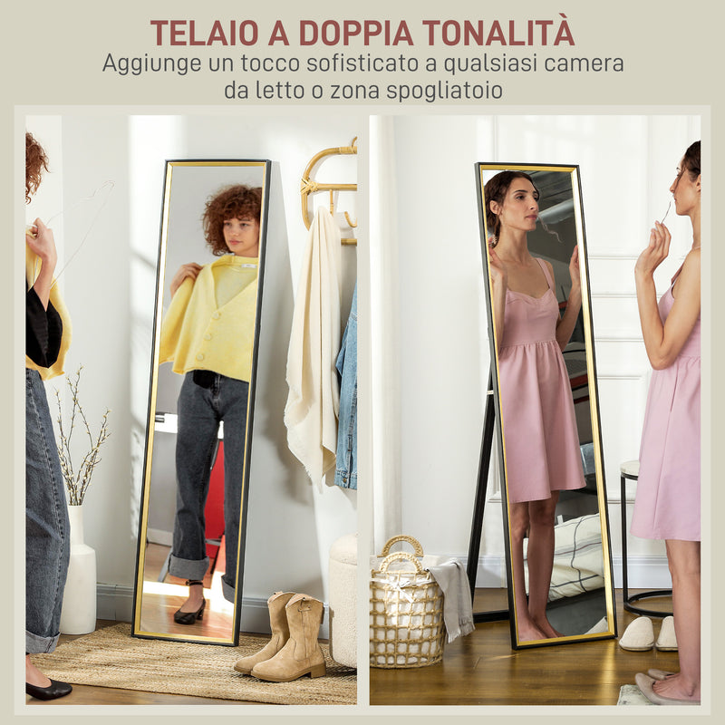 Specchio da Parete o da Terra Autoportante a Figura Intera 37x3x157 cm in Legno Nero e Oro 